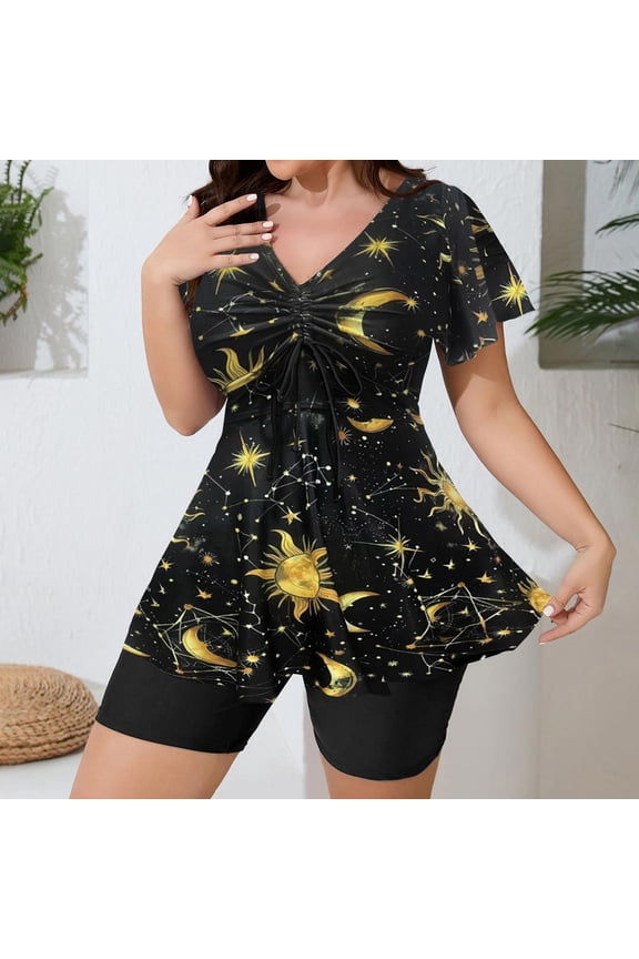 Women's Swimsuit Plus Large Size Mild Short Sleeved Split Print Drawstring Full Coverage Abdominal Control Two-Piece Set