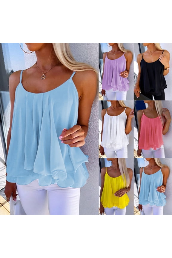 Women's Tank Top Solid Color Sleeveless Chiffon Summer Flowy Double Layers Ruffle Cami Shirt Casual Adjustable Strap Camisole Blouse