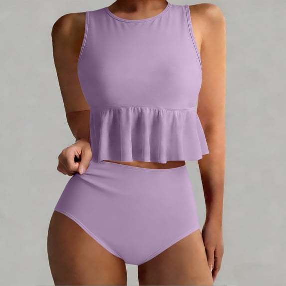 BRGZLK Women's Tankini Swimsuit Summer Novel Trendy Solid Color Padded Bra Wireless Round Neck Fitted Camisole Ruffle Trim High Waisted Top and Triangle Briefs Two-Piece Swimsuit Set Purple XL