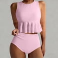 thumbnail image 1 of BRGZLK Women's Tankini Swimsuit Summer Novel Trendy Solid Color Padded Bra Wireless Round Neck Fitted Camisole Ruffle Trim High Waisted Top and Triangle Briefs Two-Piece Swimsuit Set Pink S, 1 of 5