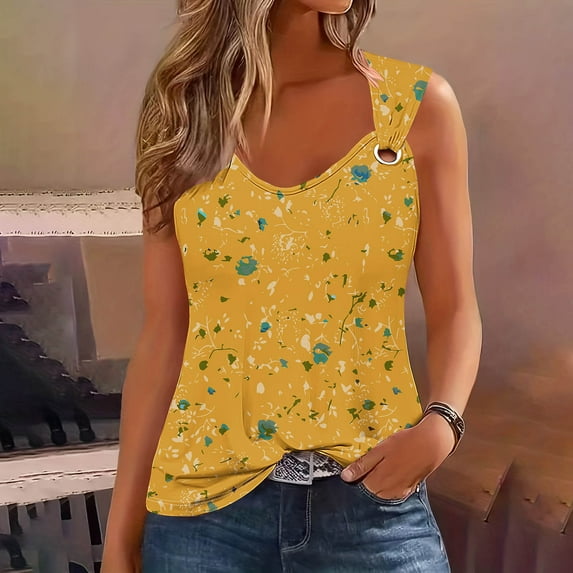 BRGZLK Women's Tanks Tops Trendy Geometric Printed Sleeveless Top Loose Round Neck Suspender Top Yellow L