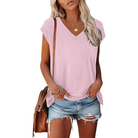 BRGZLK Women's Tops 2025 Summer Trendy Solid V-Neck Pullover Casual Comfy Breathable Hollow Out Short Sleeves T-Shirt Pink L