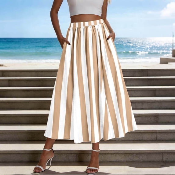 BRGZLK Women's Vintage Striped Midi Skirt Summer Trendy Loose Breathable Elastic High Waisted A Line Flowy Office Casual Skirt Khaki XXL