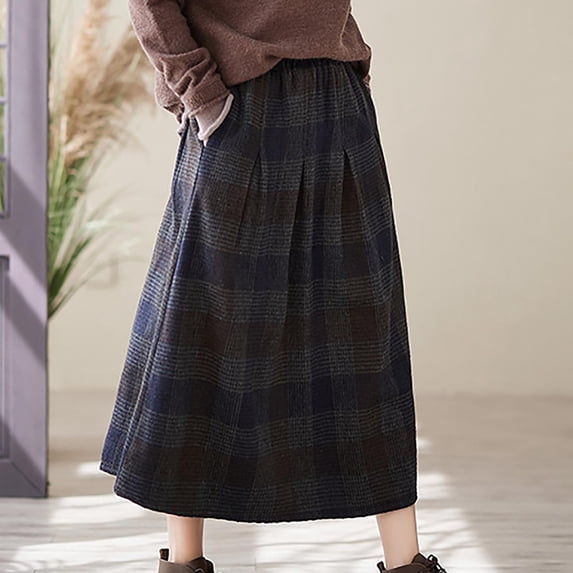 BRGZLK Women's Vintage Wool Plaid Skirt Spring Summer Casual Trendy Plus Size High Waist Flowy A Line Flared Skirts with Pockets Blue XL