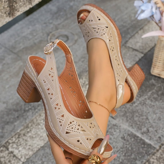 BRGZLK Women's Wedge Heel Sandals Summer Casual Cut-Out Versatile Peep Toe Plus Size Solid Color Round Toe Ankle Strap Chunky Heel High Heel Sandals Khaki 8.5