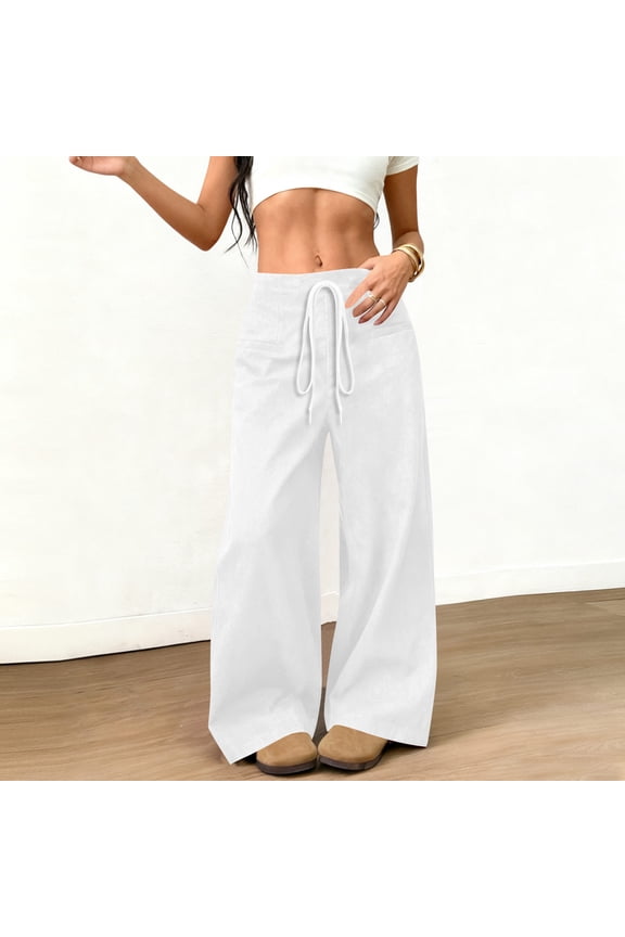 Women's Wide Leg Pants Trendy Casual Suede Elastic Waist Loose Leg Straight Leg Comfy Long Pants with Pocket White XXL