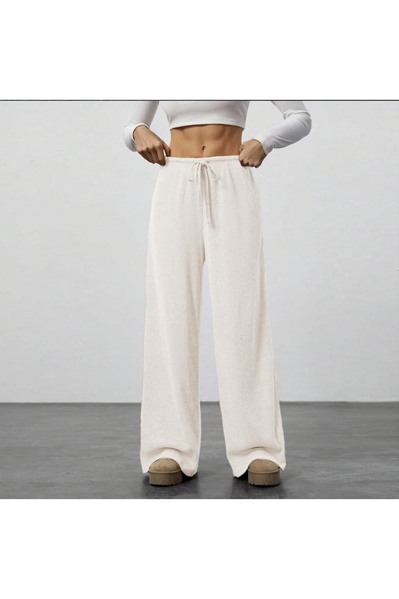 Women's Wide Leg Ribbed Knit Pants Solid Color Drawstring Waist Low Rise Casual Pants Straight Leg Pants