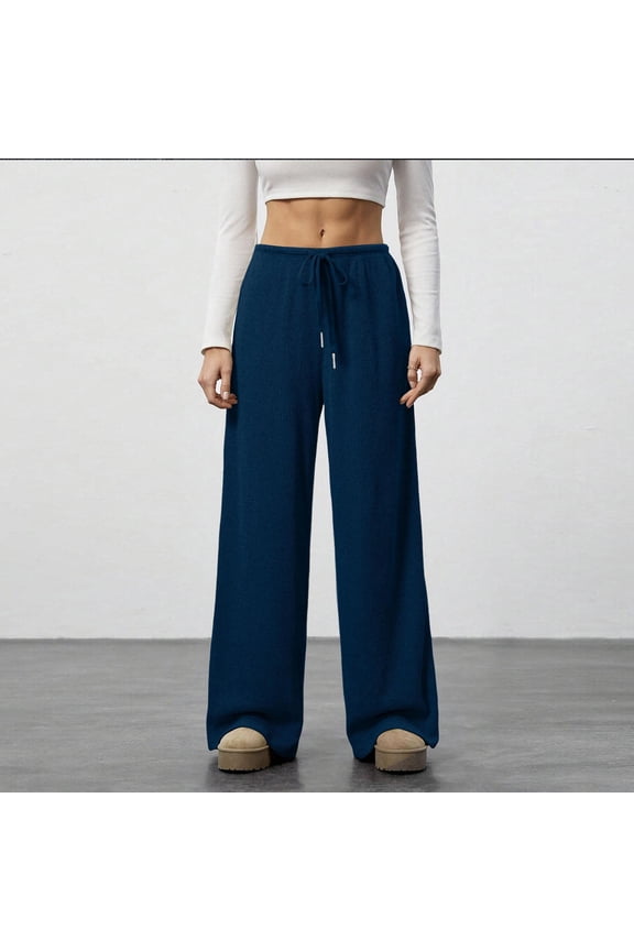 Women's Wide Leg Ribbed Knit Pants Solid Color Drawstring Waist Low Rise Casual Pants Straight Leg Pants