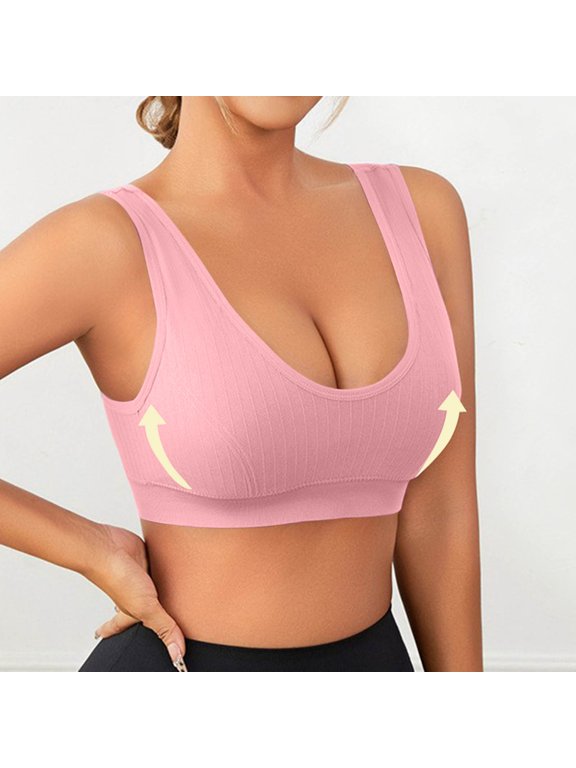 Women's Wireless Bras Solid Color Full Coverage Seamless No Underwire Push Up Wide Strap Breathable Sports Bra Everyday Bras Pink S