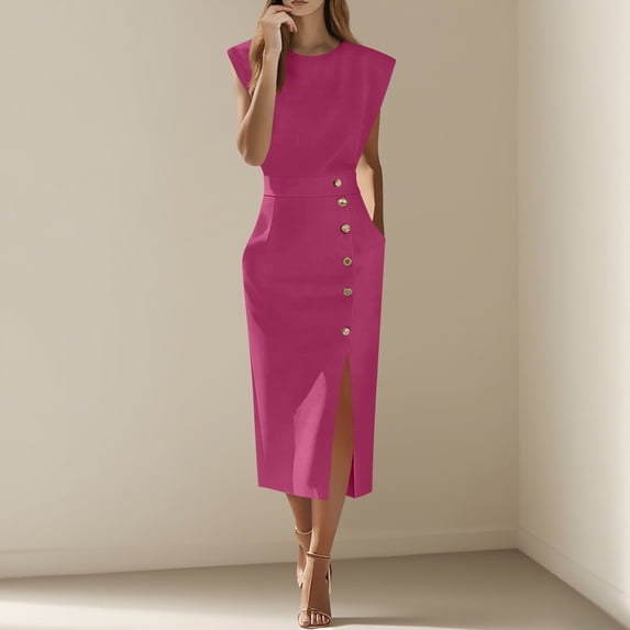 BRGZLK Women's Work Dresses Spring Sumemr Solid Color Sleeveless Cap Sleeve Round Neck Versatile Party Banquet Formal Business Elegant Work Dress with Pockets Hot Pink XXL