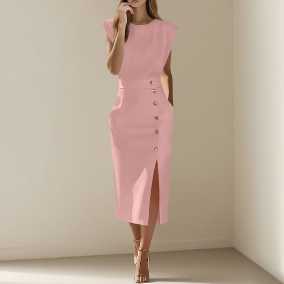 BRGZLK Women's Work Dresses Spring Sumemr Solid Color Sleeveless Cap Sleeve Round Neck Versatile Party Banquet Formal Business Elegant Work Dress with Pockets Pink L