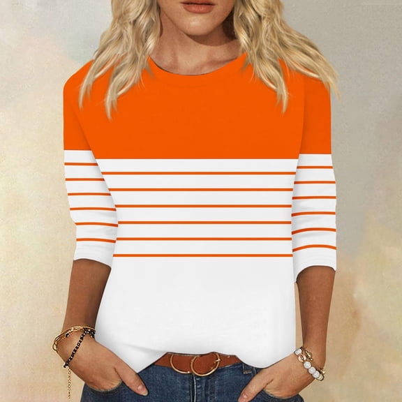 BRGZLK Womens 3/4 Length Sleeve Tops Fashion Striped Printed Tee Loose Round Neck Casual Basic T Shirt Orange S