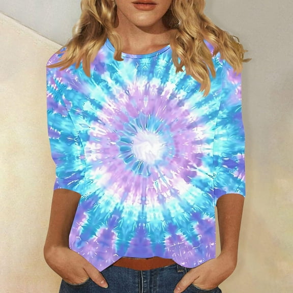 BRGZLK Womens 3/4 Length Sleeve Tops Summer Fashionable Tie Dye Printed Blouse Casual Loose Round Neck Top 2025 Clothes Multicolor L