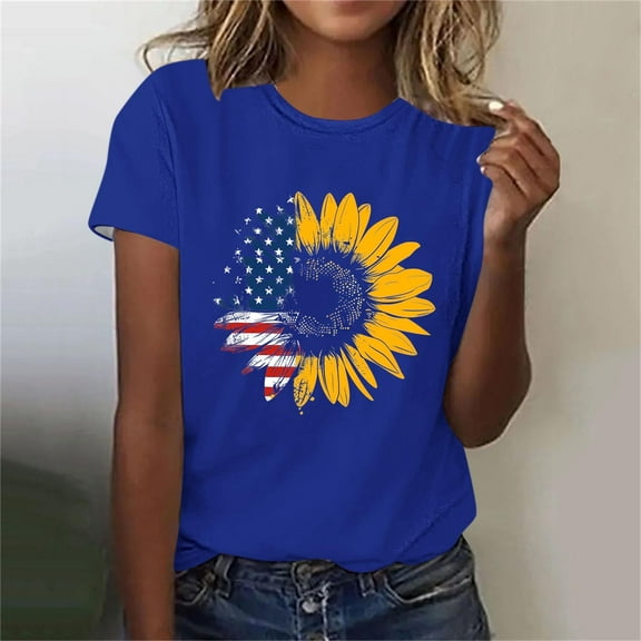 BRGZLK Womens American Flag Sunflower Shirts Summer Fashion Independence Day Printed Tees Loose Regular Round Neck Short Sleeves Casual Tops Blue XL