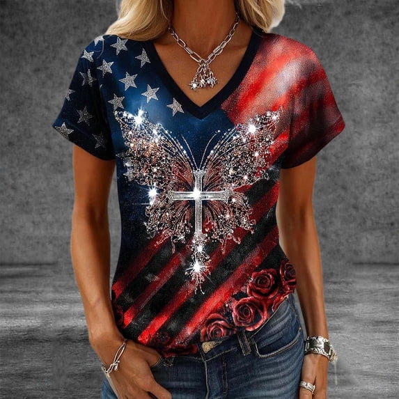 BRGZLK Womens American Flag T Shirt Summer Trendy USA Star Stripes Independence Day V Neck Short Sleeve Casual Patriotic Tees Shirt Womens Vacation Outfits Red H L