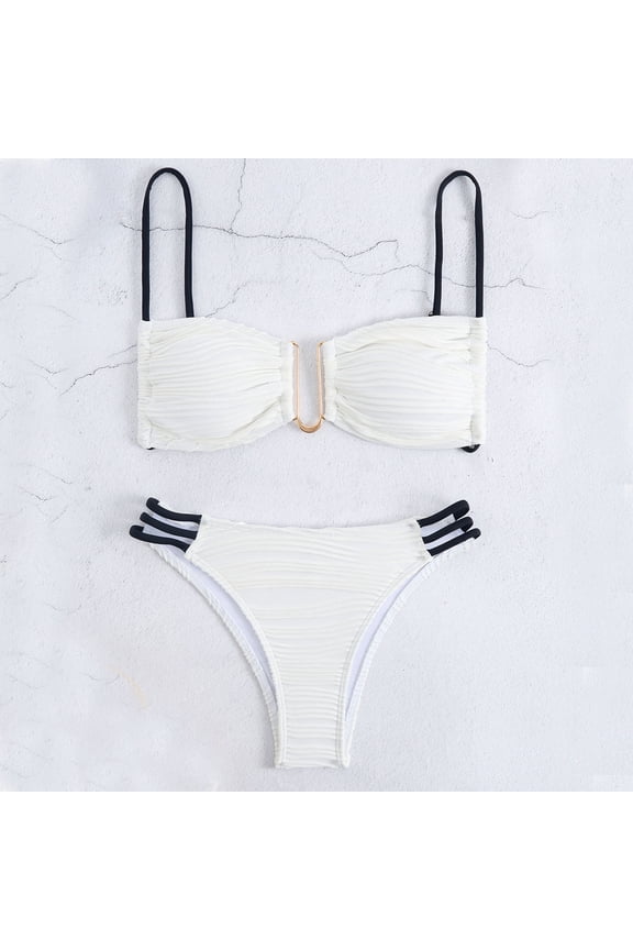 Womens Bikini Sets 2026 Fashion Solid Color Textured Bandeau U-Bar Tie Spaghetti Strap Tropical Print Ruched High Leg Two Piece Bathing Suits White L