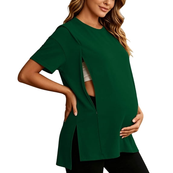 BRGZLK Womens Breastfeeding Shirts 2026 Hidden Zipper Short Sleeve Oversize Maternity Nursing Tops Trendy Solid Color Side Split Pregnancy T-Shirt Green L