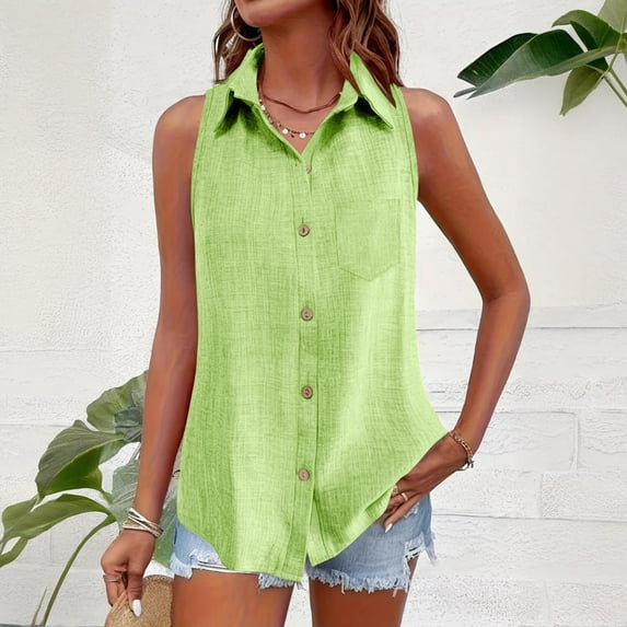 BRGZLK Womens Button Down Linen Shirt Tops Summer Trendy V Neck Business Casual Solid Color Lightweight Breathable Sleeveless Collared Blouses Tank Top for Daily 2026 Mint Green XL
