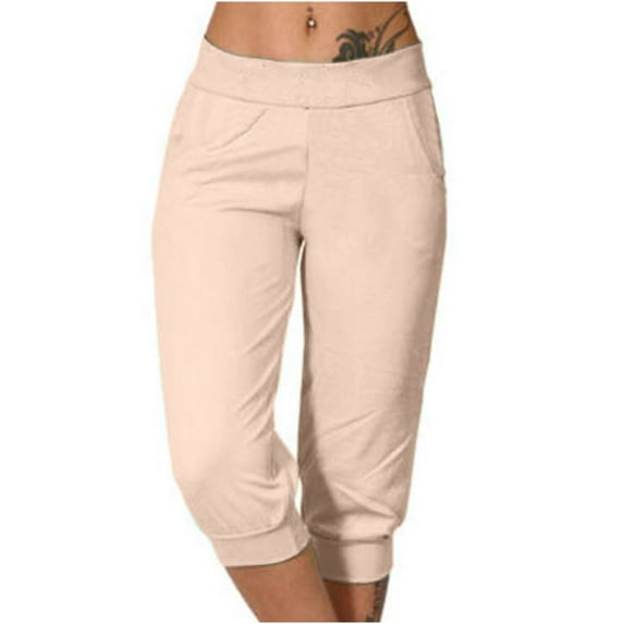 BRGZLK Womens Capri Yoga Pants Solid Color Lounge JoggersFashion Cozy High Waist Sports Casual Seven Points Pants with Pocket Beige XXL