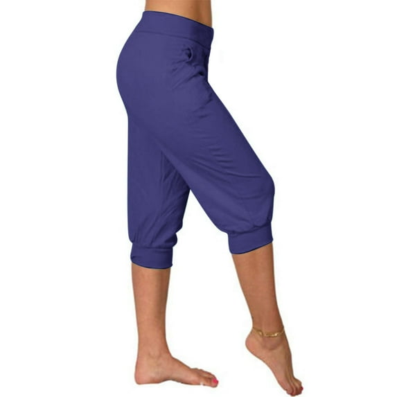 BRGZLK Womens Capri Yoga Pants Solid Color Lounge JoggersFashion Cozy High Waist Sports Casual Seven Points Pants with Pocket Navy XL