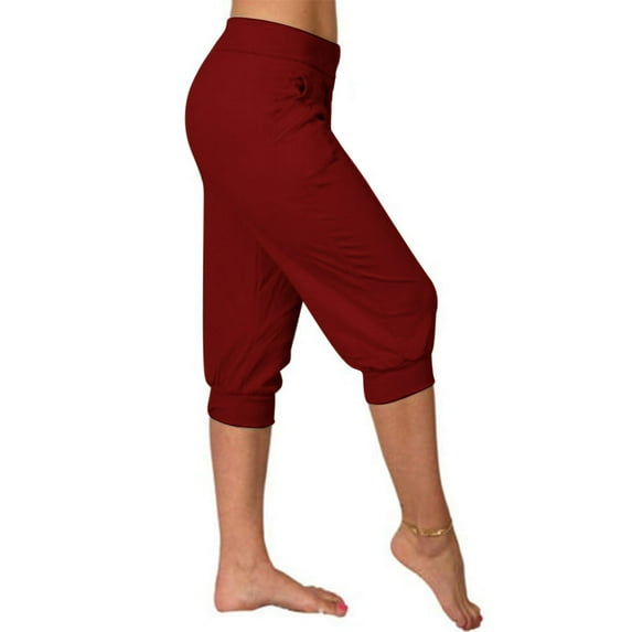 BRGZLK Womens Capri Yoga Pants Solid Color Lounge JoggersFashion Cozy High Waist Sports Casual Seven Points Pants with Pocket Wine XL
