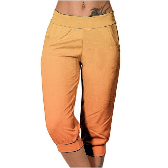 BRGZLK Womens Capri Yoga Pants Summer Simple Gradient Print Pocket Solid Color Seven Points Lounge Joggers Pants with Pockets Yellow XL