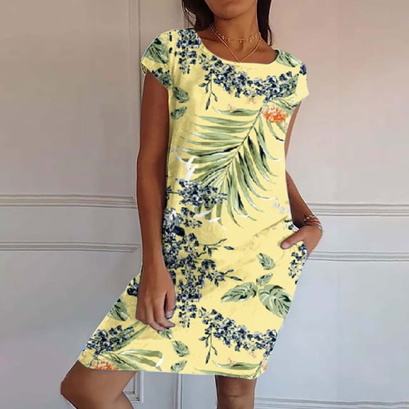 BRGZLK Womens Casual Dresses Loose Round Neck Short Sleeve Floral Print Dress Flowy Summer Beach Sundress with Pocket Yellow M
