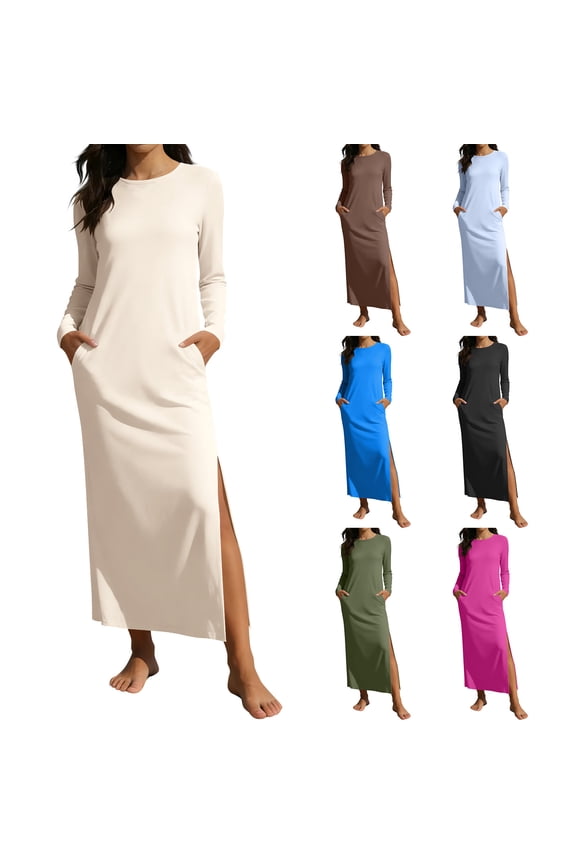 Womens Casual Maxi Dress Long Sleeved Solid Color Straight Dress Crewneck Split Travel Long Beach Vacation Clothes