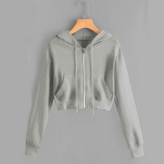 BRGZLK Womens Casual Sweatshirt Trendy Solid Long Sleeve Zipper Pullover Loose Casual Short Hooded Sweatshirt Tops With Pocket Gray L