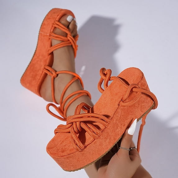 BRGZLK Womens Chunky Platform Sandals Summer Trendy Casual Wrap Around Comfort Solid Color Lace Ups Crisscross Strap Peep Open Toe Sandals Orange 8.5