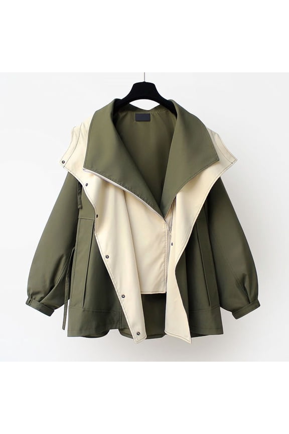 Womens Coats Asymmetrical Color Blocking Zipper Windbreaker Jacket Lapel Collar Long Sleeve Trendy Casual Outerwear for Fall Winter Green M