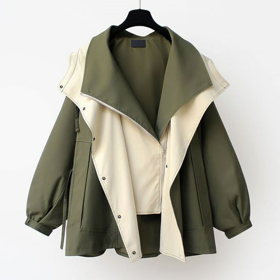 BRGZLK Womens Coats Asymmetrical Color Blocking Zipper Windbreaker Jacket Lapel Collar Long Sleeve Trendy Casual Outerwear for Fall Winter Green S