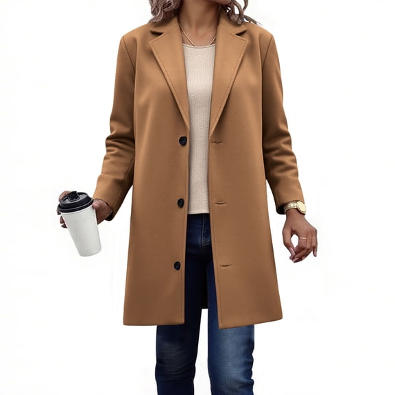 BRGZLK Womens Coats Fall Winter Solid Color Lapel Button Collar Single Breasted Wool Blend Peacoats Casual Fashion Long Style Overcoat with Pockets Coffee XL