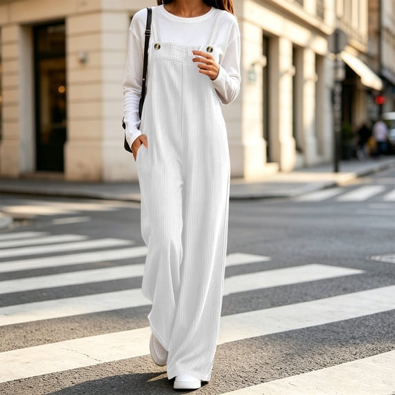 BRGZLK Womens Corduroy Overalls Fall Winter Trendy Sleeveless Adjustable Button Straps Loose Fit Wide Leg Long Pant Rompers with Pockets for Casual Lounge Wear White L