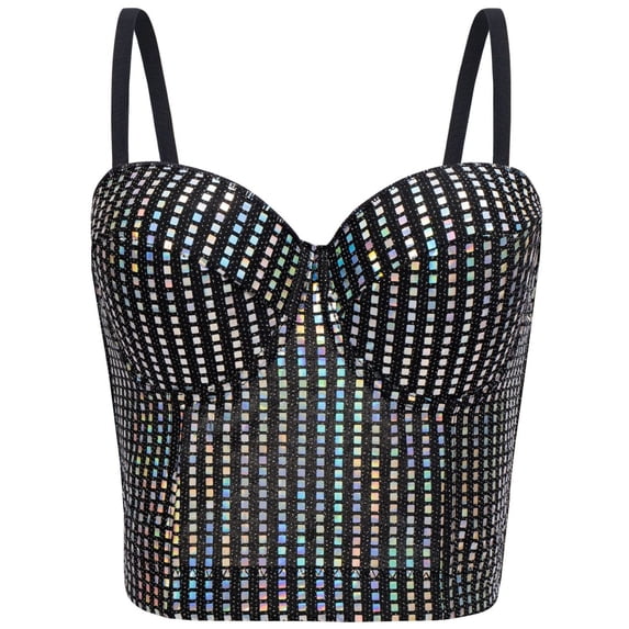 BRGZLK Womens Corset Tops Trendy Sequin Spaghetti Straps Overbust Corset Shiny Top Going Out Camisoles for Dance Club Wear Black 38