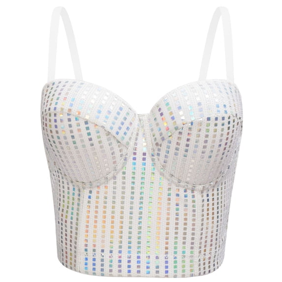 BRGZLK Womens Corset Tops Trendy Sequin Spaghetti Straps Overbust Corset Shiny Top Going Out Camisoles for Dance Club Wear White 36