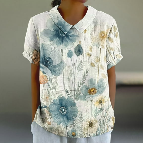 BRGZLK Womens Cotton Linen T-Shirt Summer Classic Printed Oversized Blouse Loose Casual Short Sleeve Lapel Neck Top White XL