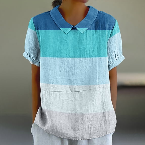 BRGZLK Womens Cotton Linen Top 2025 Summer Fashion Color Block Graphic Blouse Loose Casual Short Sleeve Lapel Tunic Blue S