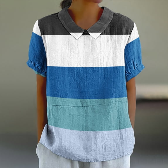 BRGZLK Womens Cotton Linen Top 2025 Summer Fashion Color Block Graphic Blouse Loose Casual Short Sleeve Lapel Tunic Navy M