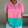 thumbnail image 1 of BRGZLK Womens Cotton Linen Top 2025 Summer Fashion Color Block Graphic Blouse Loose Casual Short Sleeve Lapel Tunic Pink XXL, 1 of 5