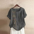 thumbnail image 1 of BRGZLK Womens Cotton Linen Tops Summer Bohemian Floral Embroidered Blouse Loose Round Neck Short Sleeved T-Shirt Gray XXXXXL, 1 of 4