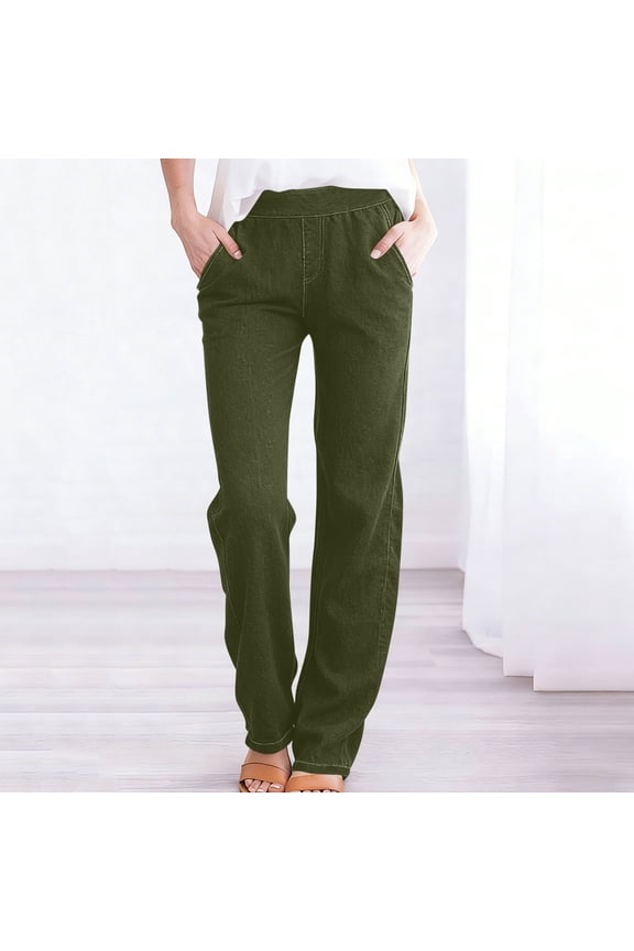 Womens Denim Pants Low Waist Solid Color Elastic Slimming Straight Leg Loose Fit Denim Pants with Double Pocket Army Green XXL
