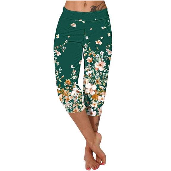 BRGZLK Womens Elastic Waisted Sweatpants Trendy Floral Print High Waist Beach Vocation Sports Seven Points Pants with Pocket B L