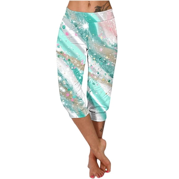 BRGZLK Womens Elastic Waisted Sweatpants Trendy Floral Print High Waist Beach Vocation Sports Seven Points Pants with Pocket F S