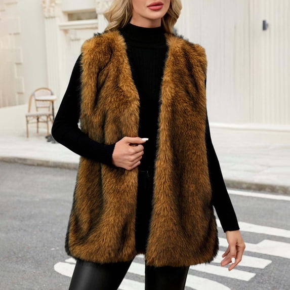 BRGZLK Womens Faux Fur Waistcoat Solid Color Stand Collar Sleeveless Outerwear Trendy Loose Cozy Fall Winter Warm Vests Outwear Brown M