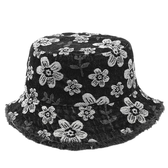 BRGZLK Womens Fisherman Hats Trendy Floral Embroidery Sun Protection Frayed Denim Hat Washed Distressed Fashion Hat for Outdoor Black Free Size