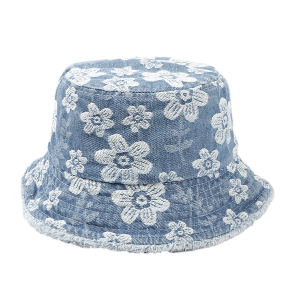 BRGZLK Womens Fisherman Hats Trendy Floral Embroidery Sun Protection Frayed Denim Hat Washed Distressed Fashion Hat for Outdoor Light Blue Free Size
