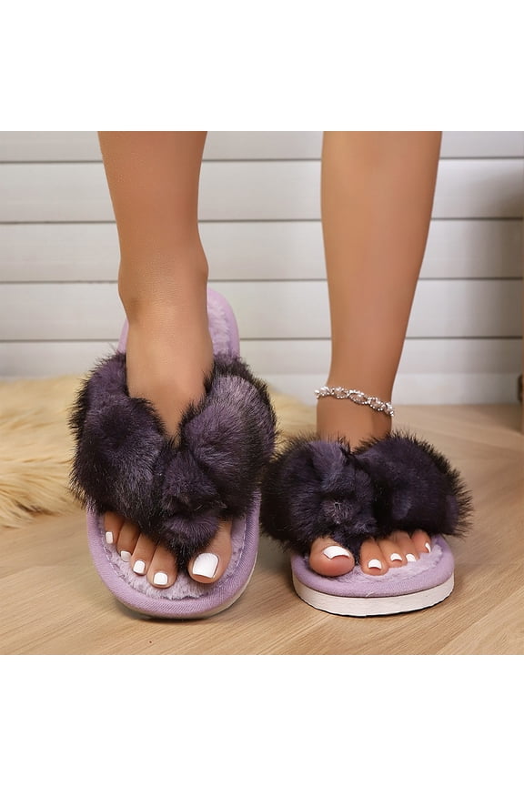 Womens Flip Flop Slippers Winter Trendy Funny Soft Comfy Open Toe Fluffy Faux Fur Thong Slipper Bedroom Indoor Slides for Daily 2026 Purple 9-9.5