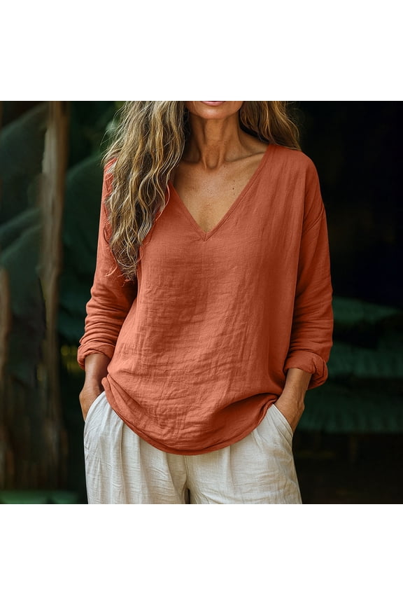 Womens Gauze Long Sleeve Tops Trendy Casual Loose Cotton Linen Long Sleeve V Neck Pullover Top Spring Comfy Oversized Blouse Brown XXL