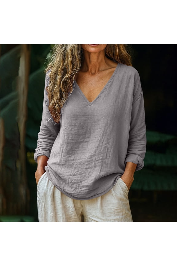 Womens Gauze Long Sleeve Tops Trendy Casual Loose Cotton Linen Long Sleeve V Neck Pullover Top Spring Comfy Oversized Blouse Gray XXL